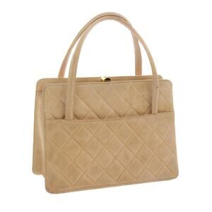 CHANEL Gamaguchi Hand Bag Suede Beige CC
